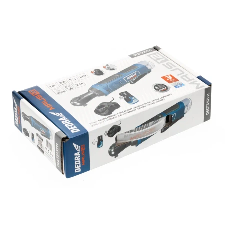 Комплект акумулаторни инструменти DEDRA MAUS DED7310T11: Ъглов акумулаторен ключ 12 V DED7334, 45 Nm, акумулатор 2 Ah DED7320, зарядно DED7302